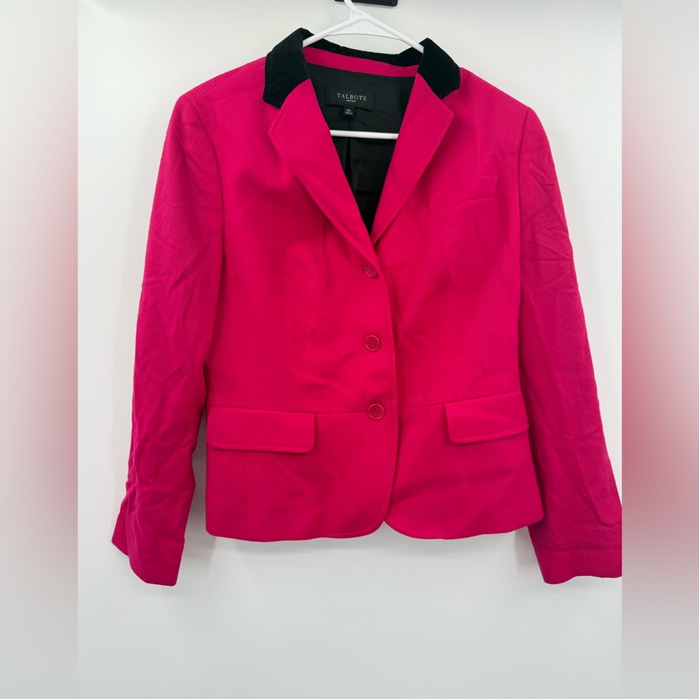 Talbots Pink Rose Wool Blend Blazer 3 Button Pockets Black Collar Size 10P